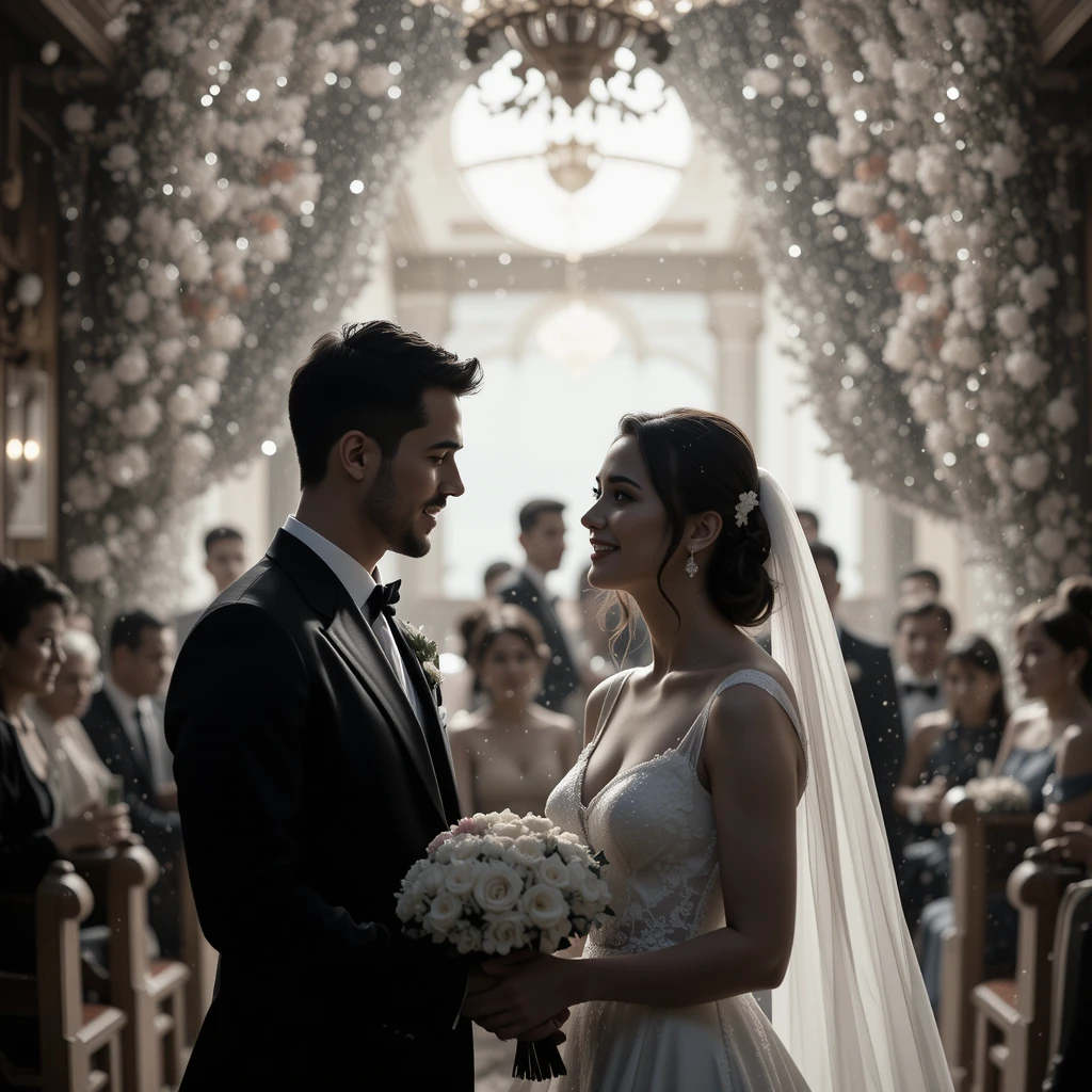 imagem esposo e esposa no altar do casamento com buque de flores