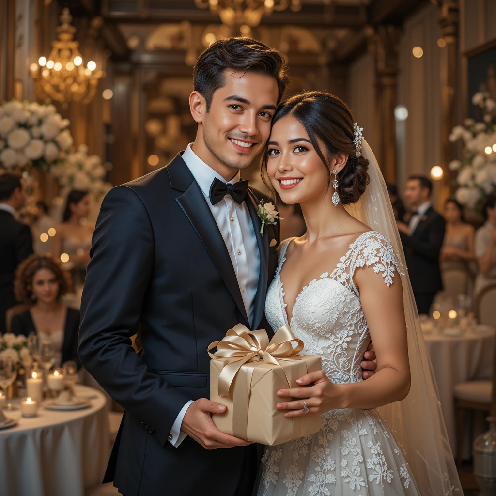 imagem esposo e esposa segurando presente de casamento na festa