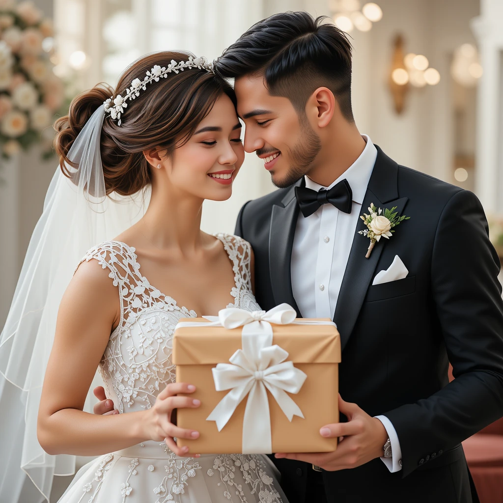 imagem esposo e esposa segurando presente de casamento